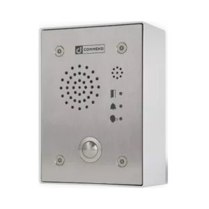 Vertical high-visibility orange Commend EF-962H intercom station with a large emergency call button and a vertical speaker grille.