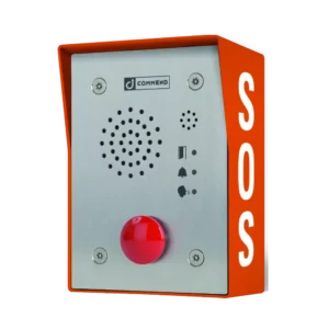 Vertical high-visibility orange Commend EF-962HM intercom station with a large emergency call button and vertical speaker grille.