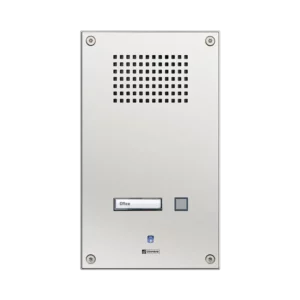 Vertical stainless steel Commend SIP-WS-201V wallmount intercom with a single metallic call button and integrated speaker grille.