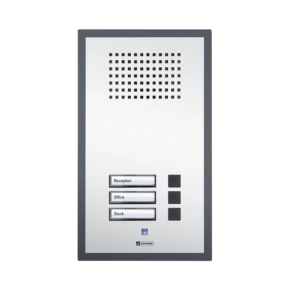Grey polycarbonate Commend SIP-WS-203P wallmount station featuring three vertical back-lit buttons and customizable label areas.
