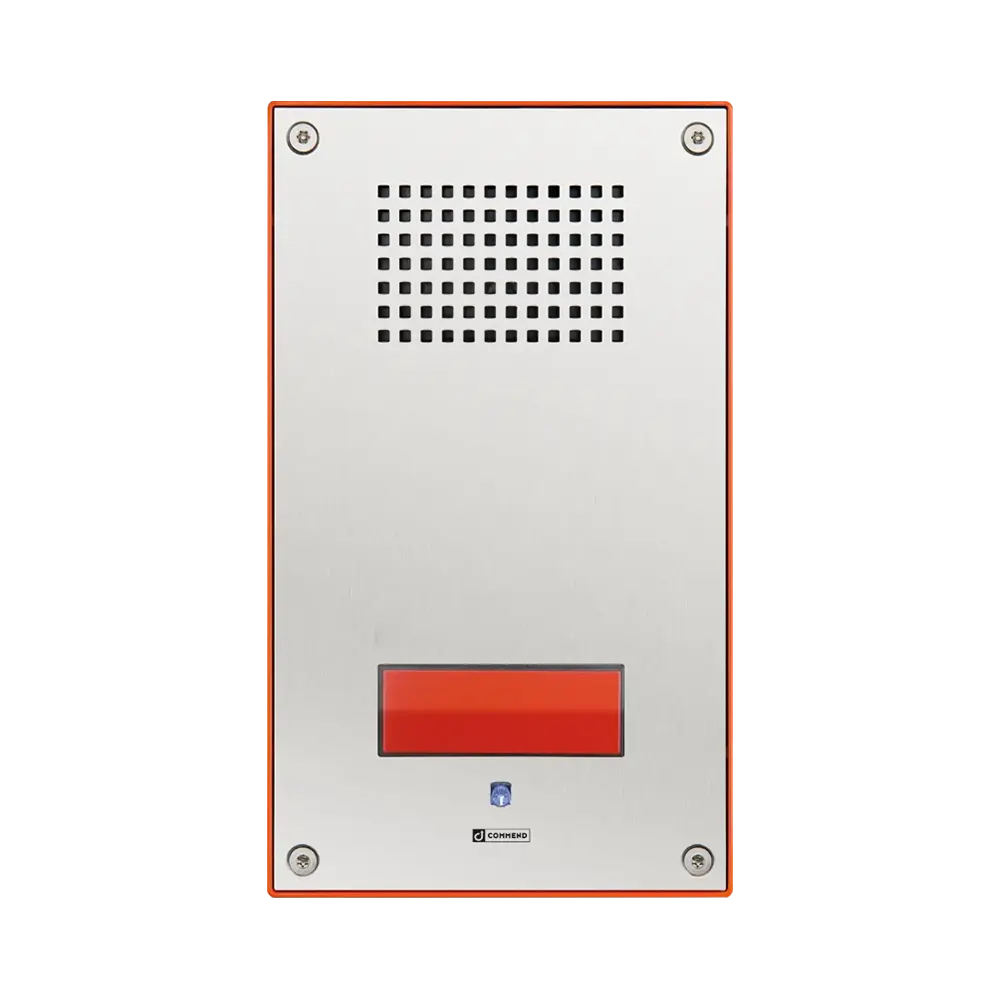 Vertical stainless steel Commend SIP-WS-211V wallmount intercom with an integrated camera lens, one metallic call button, and speaker grille.