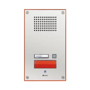 Vertical stainless steel Commend SIP-WS-212V station with one large red emergency button and one back-lit dialing button with a label area.