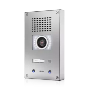 Vertical stainless steel Commend WS-301V-CM intercom featuring one metallic back-lit call button and a vertical speaker grille.