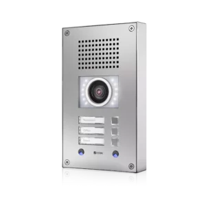Vertical stainless steel Commend WS-303V-CM intercom with a large red emergency button and a blue information button with label areas.