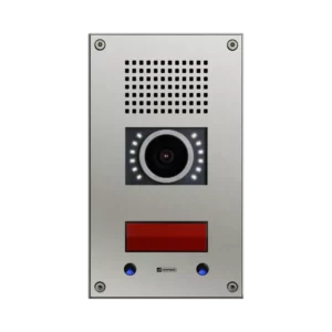 Vertical stainless steel Commend WS-311V-CM intercom featuring an integrated camera lens and one metallic back-lit call button.
