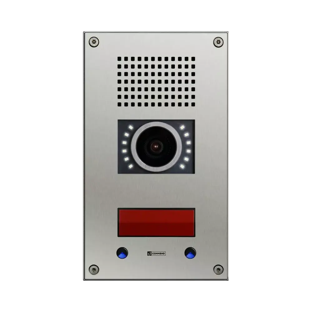 Vertical stainless steel Commend WS-311V-CM intercom featuring an integrated camera lens and one metallic back-lit call button.