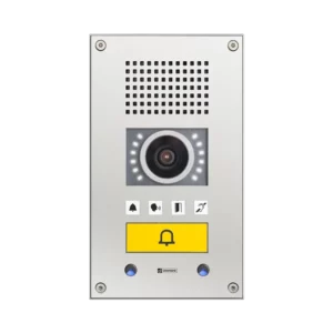 Stainless steel Commend WS-311V-CM-DA station featuring a large emergency button, high-contrast pictograms, and an integrated camera lens.