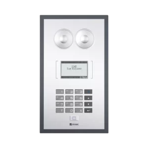 Vertical stainless steel Commend SIP-WS-800F wallmount intercom with a numeric keypad, one metallic call button, and speaker grille.