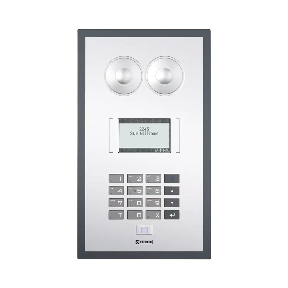 Vertical stainless steel Commend SIP-WS-800F wallmount intercom with a numeric keypad, one metallic call button, and speaker grille.