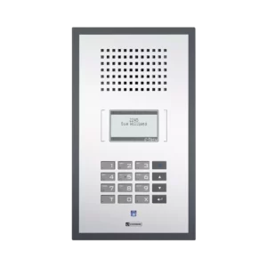 Grey polycarbonate Commend SIP-WS-800P wallmount intercom featuring a full numeric keypad and a single back-lit call button with a label area.