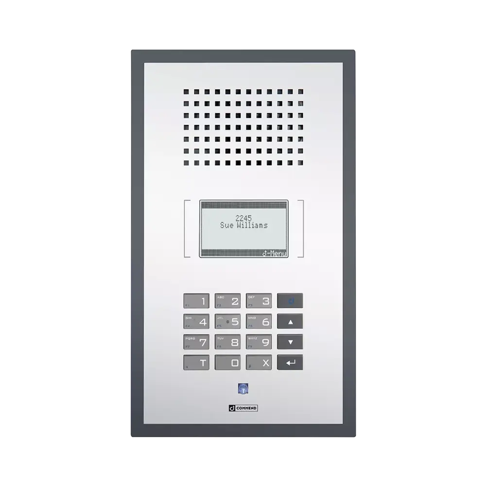 Grey polycarbonate Commend SIP-WS-800P wallmount intercom featuring a full numeric keypad and a single back-lit call button with a label area.