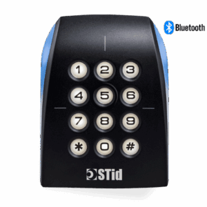 Black STid Architect Blue reader with a 12-key capacitive keypad and a blue vertical LED indicator bar.