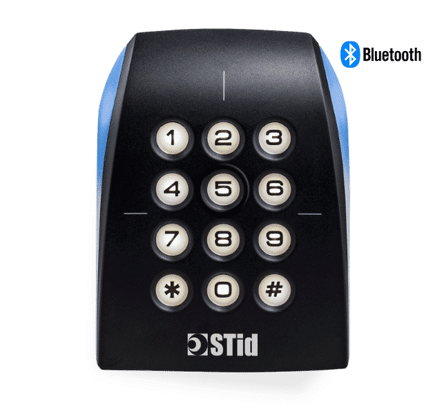 Black STid Architect Blue reader with a 12-key capacitive keypad and a blue vertical LED indicator bar.