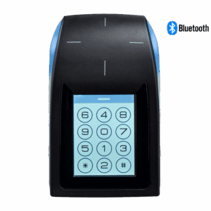 Square-format black STid Architect Blue reader featuring a high-resolution color touchscreen and a vertical LED status bar.