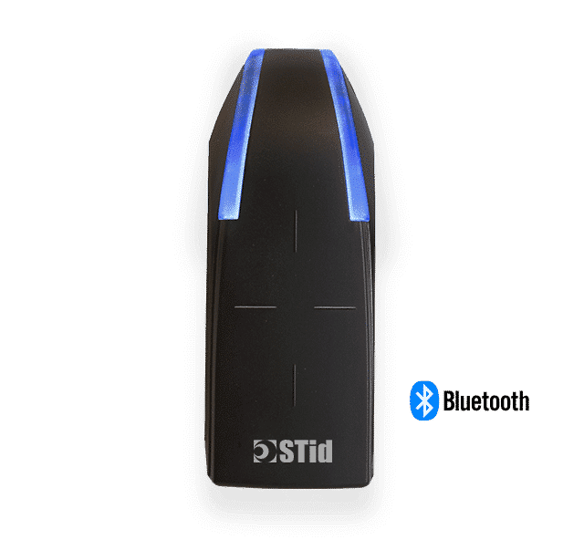 Slim black STid ARC1S/BT Architect One Blue reader featuring a blue vertical LED light bar and narrow mullion profile.