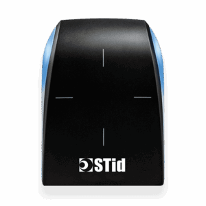 Slim black STid Architect One mullion reader with a vertical status LED and narrow profile, mounted on a door frame.