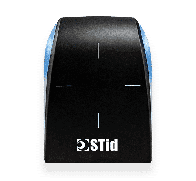 Slim black STid Architect One mullion reader with a vertical status LED and narrow profile, mounted on a door frame.