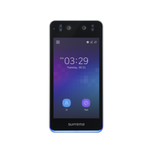Slim black Suprema BioStation 3 (BS3-APWB) terminal with a high-definition touchscreen and integrated AI facial recognition cameras.