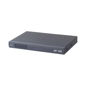 Metal 1U rack-mount Commend AF-125 IP amplifier showing front-facing status LEDs and a professional industrial finish.