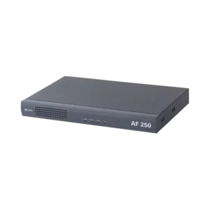 Metal 1U rack-mount Commend AF-250 IP amplifier displaying professional industrial design and front-panel status indicators.