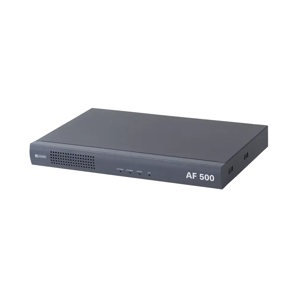 Professional 1U rack-mount Commend AF-500 IP amplifier in a black metal finish with front-panel LED status indicators.