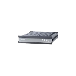 Compact grey Commend AF-50H amplifier module for network loudspeakers featuring integrated connection ports and status LEDs.