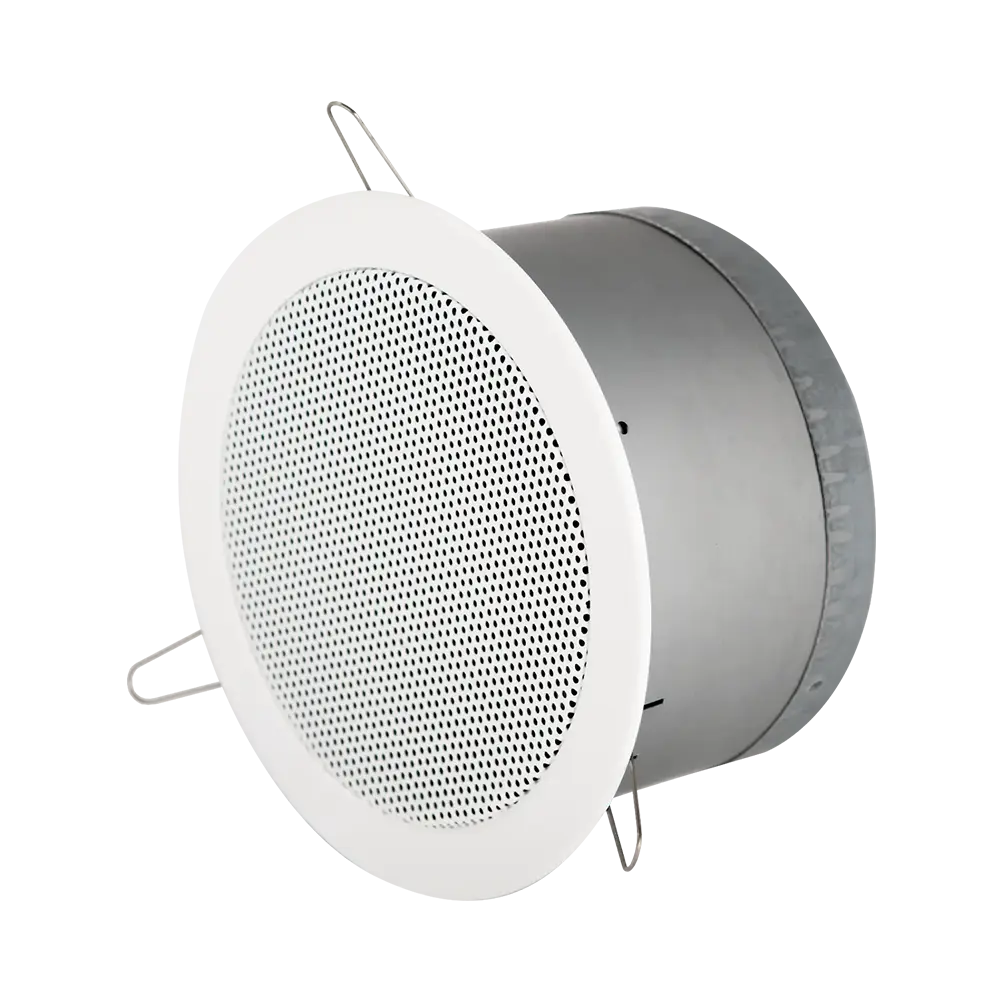 White circular Commend AFLS-10H CW ceiling-mounted loudspeaker with a fine metal grille designed for flush installation.