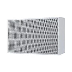 Pure white rectangular Commend AFLS-10H PW surface-mounted loudspeaker with a sleek front grille designed for aesthetic wall or ceiling installation.