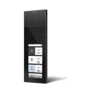 Modern black Commend ID5-TD B touch intercom station with a vibrant 5-inch color screen and integrated camera lens for visual security.