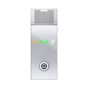 Professional square Commend OD1 IP intercom station featuring a brushed metal finish, integrated speaker grille, and a single call button.