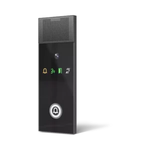 Sleek black stainless steel Commend OD1 CM-B IP intercom station with a modern matte finish, integrated speaker grille, and a single call button.