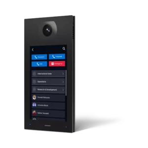 Modern black Commend OD10-TD CM-B outdoor touch intercom station featuring a massive 10-inch screen and integrated wide-angle camera lens.