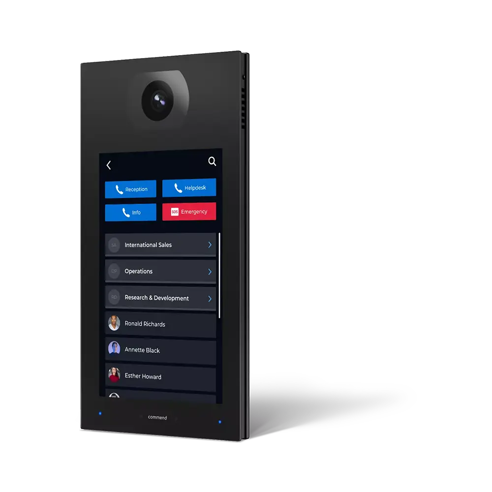 Modern black Commend OD10-TD CM-B outdoor touch intercom station featuring a massive 10-inch screen and integrated wide-angle camera lens.